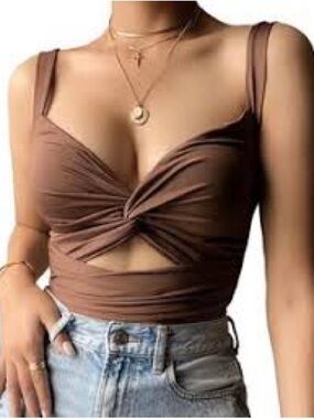 Brown Twist Front Crop Top with tie in the back